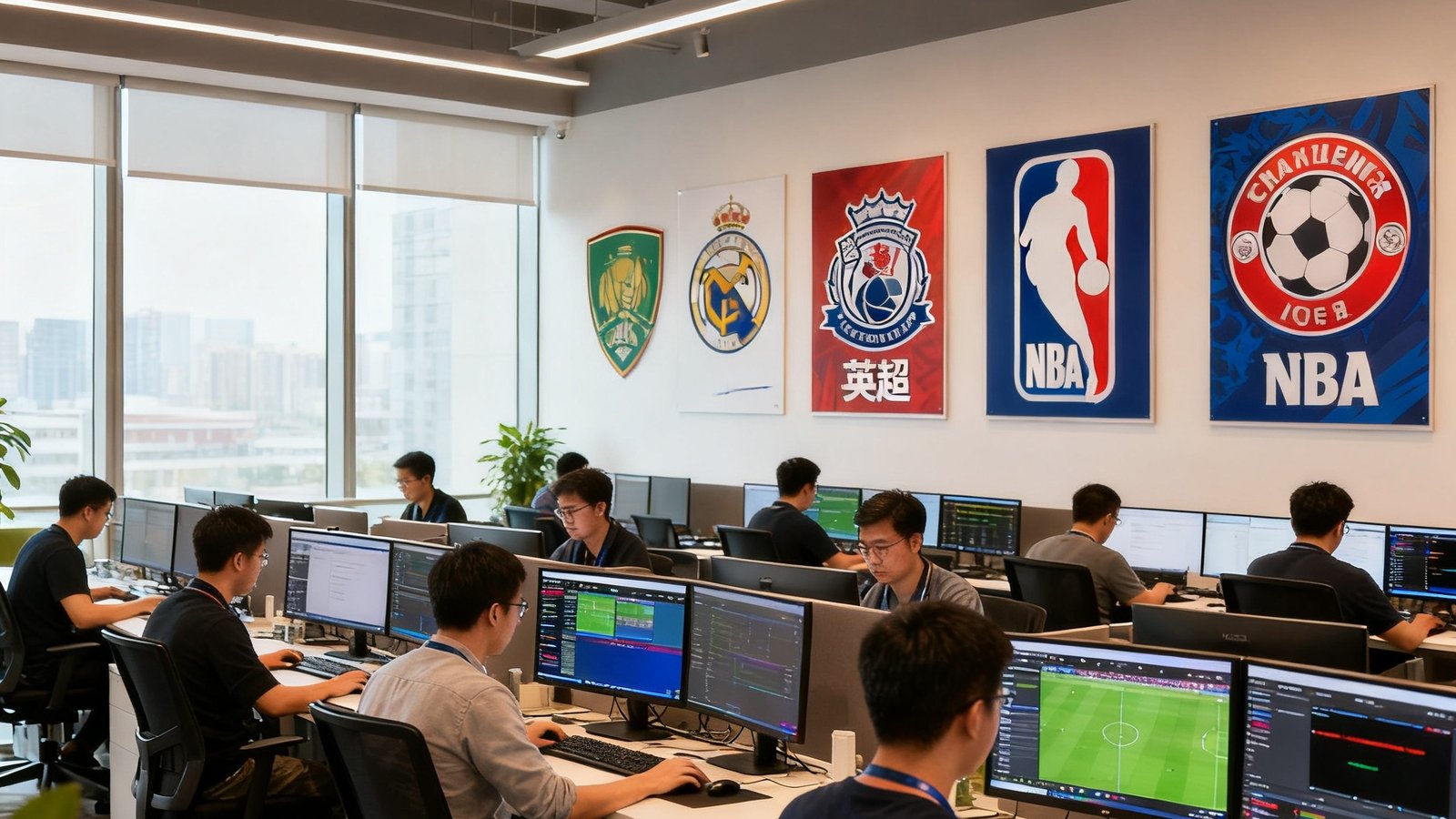 搜球吧深圳总部开放式办公区域内，数十名工程师在双屏工作站前专注工作，墙面上装饰着英超、NBA等联赛的官方标志海报，营造出浓厚的体育科技公司氛围。