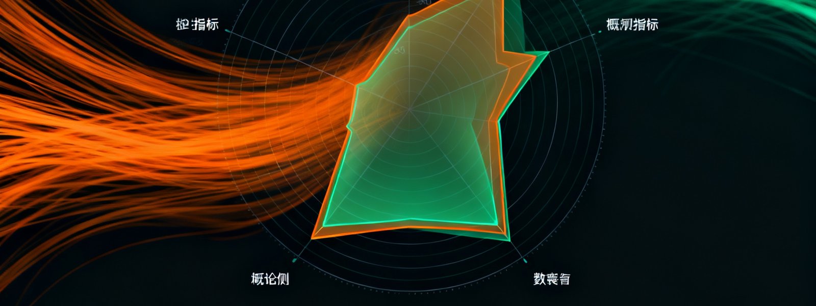 AI预测模型的数据可视化界面，展示多维指标雷达图和概率分布曲线，界面以深色背景搭配橙色和绿色数据流。