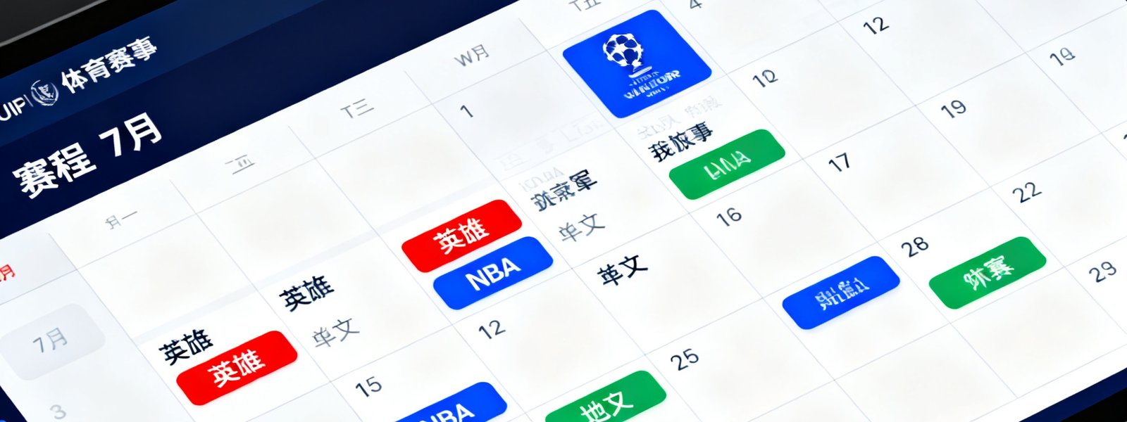 赛程日历界面截图展示2025年7月的体育赛事排期，每周七天按格子排列，英超、NBA、欧冠赛事分别用不同颜色标签标注，界面中英双语显示。